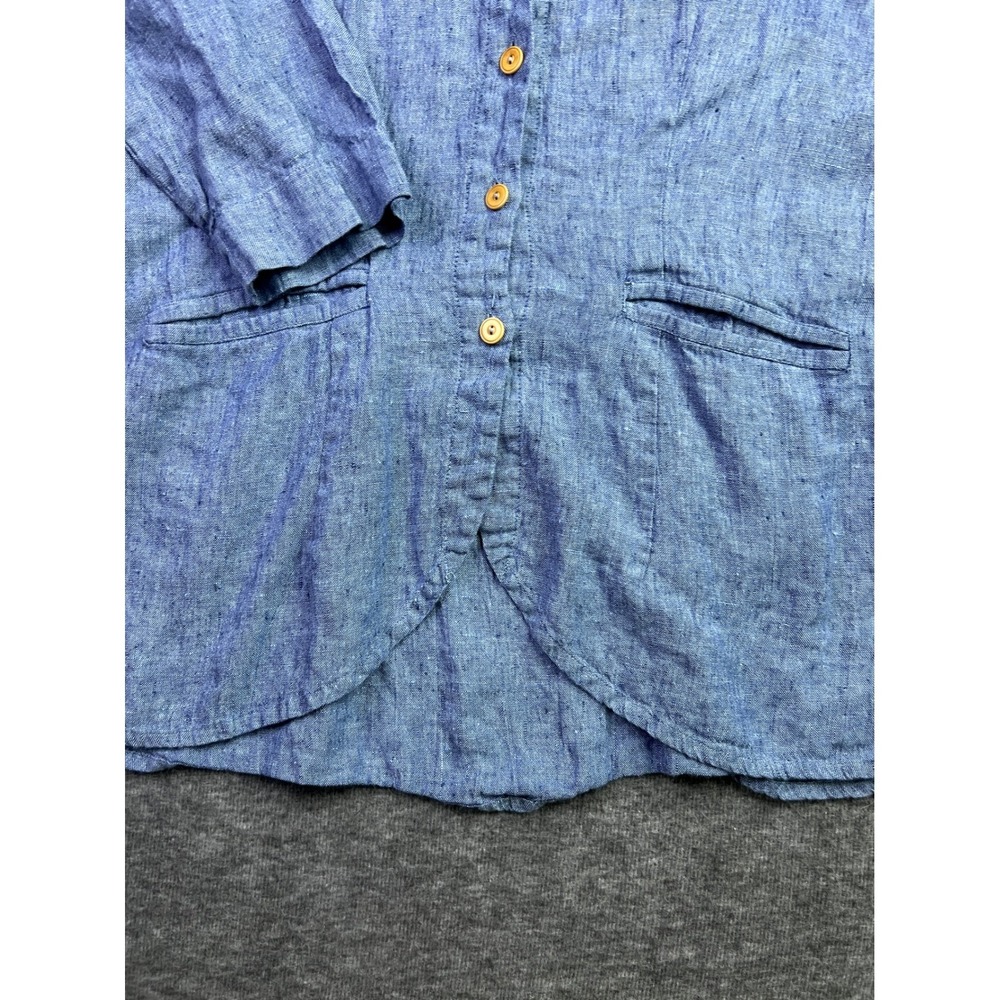 FLAX Blue 100% Linen Button Down Tunic V-Neck Pocket Tulip Hem Top Small - Picture 3 of 11
